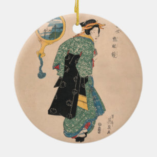 Antique Japanese Kimono Woman Ukiyo-e Woodblock Ceramic Tree Decoration