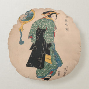Antique Japanese Kimono Woman Ukiyo-e Woodblock Round Cushion