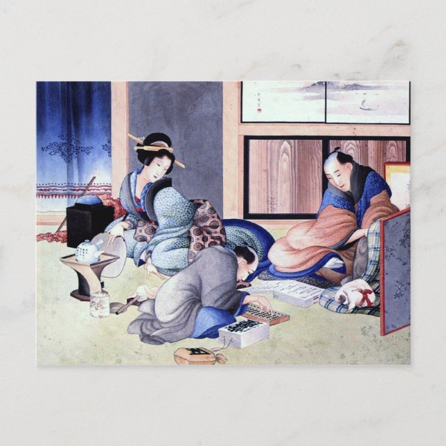 Antique Japanese Merchant and Geisha Watercolor Postcard (Front)