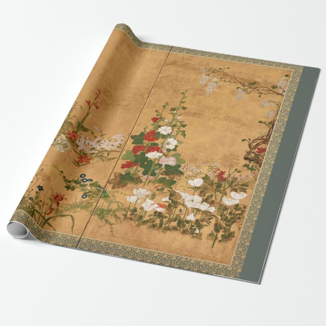 Antique Japanese Painted Flowers Wrapping Paper (Unrolled)
