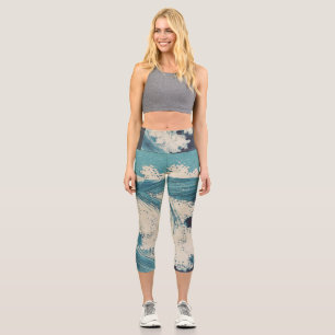 Antique Japanese Woodblock Blue Ocean Waves Print Capri Leggings