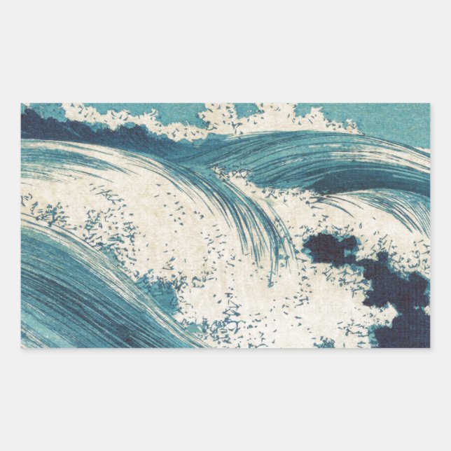 Antique Japanese Woodblock Blue Ocean Waves Print Rectangular Sticker (Front)