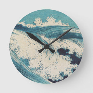 Antique Japanese Woodblock Blue Ocean Waves Print Round Clock