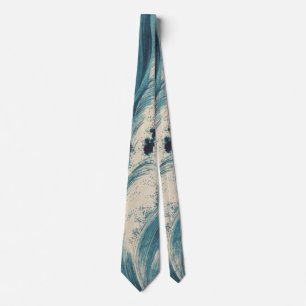 Antique Japanese Woodblock Blue Ocean Waves Print Tie