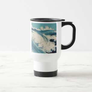 Antique Japanese Woodblock Blue Ocean Waves Print Travel Mug