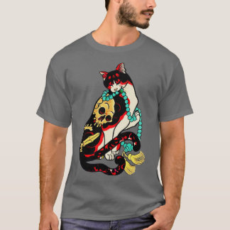Antique Japanese Woodblock Print Cat With Flower  T-Shirt