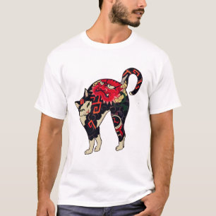 Antique Japanese Woodblock Print Cat with Flower T T-Shirt