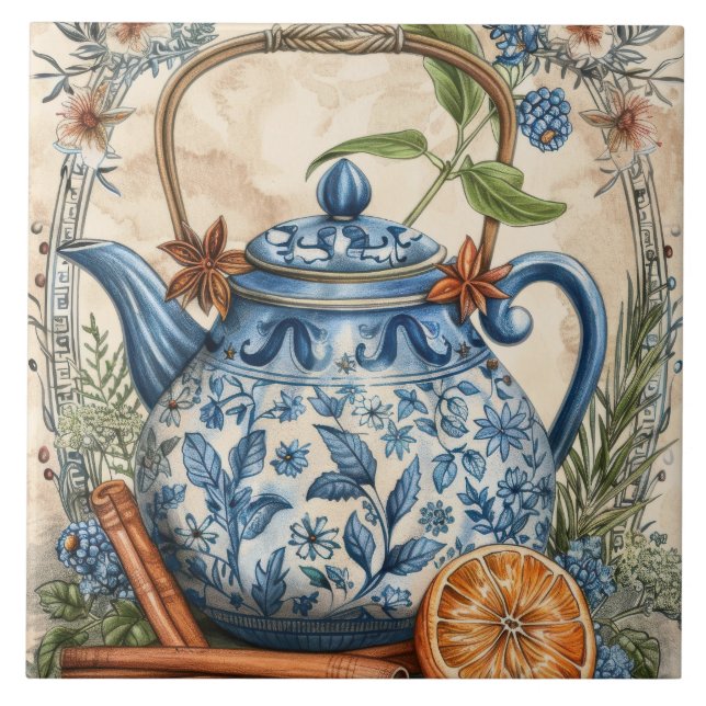 Antique Kettle Blue Lemons Cinnamon Tile (Front)