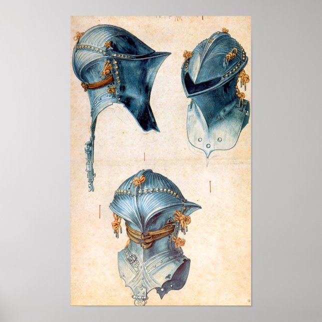 ANTIQUE KNIGHT ARMORS /THREE STUDIES OF A HELMET POSTER (Front)
