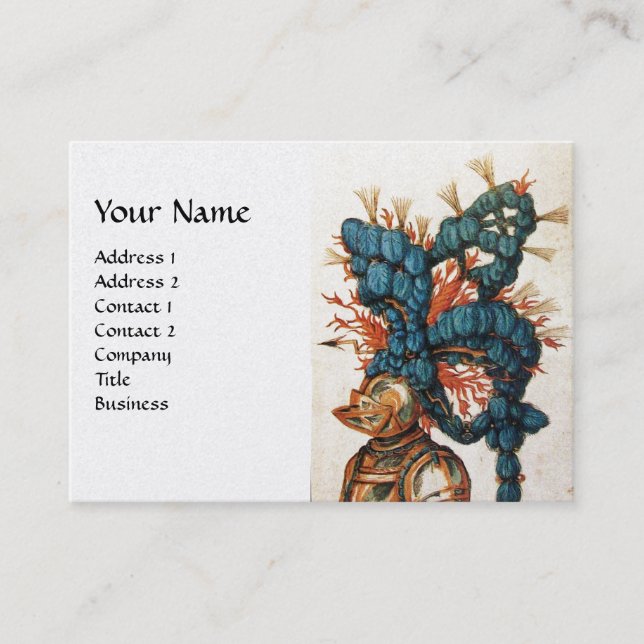 ANTIQUE KNIGHT HELMET AND RED BLUE FEATHERS Pearl Business Card (Front)