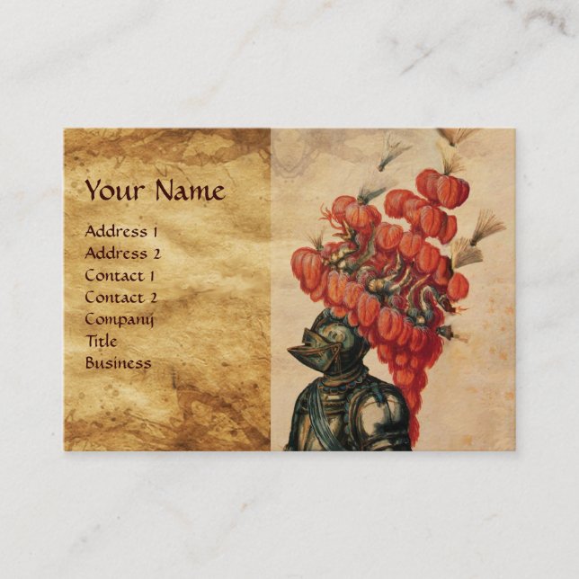 ANTIQUE KNIGHT HELMET ,DRAGONS AND RED FEATHERS BUSINESS CARD (Front)