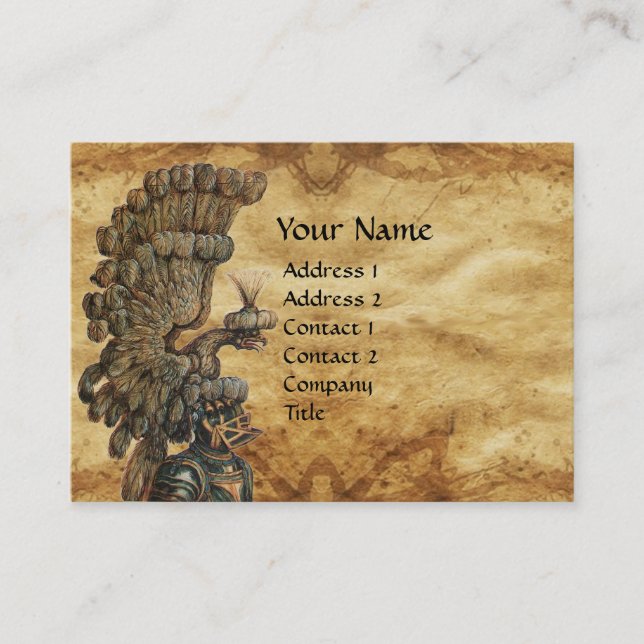 ANTIQUE KNIGHT HELMET WITH EAGLE WINGS PARCHMENT BUSINESS CARD (Front)