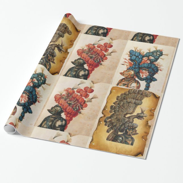 ANTIQUE KNIGHT HELMET WITH FEATHERS EAGLES DRAGONS WRAPPING PAPER (Unrolled)