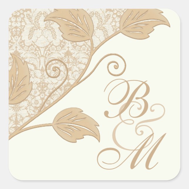 Antique Lace and Leaves Monogram Wedding Stickers (Front)