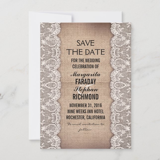 antique lace and rustic burlap save the date cards (Front)