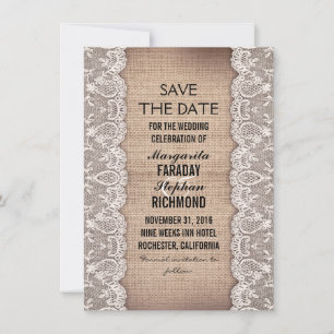 antique lace and rustic burlap save the date cards
