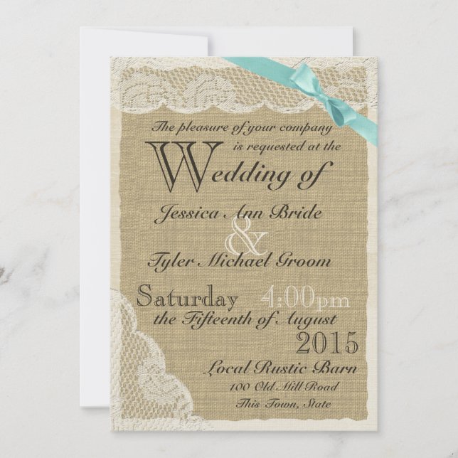Antique Lace Aqua Bow Country Wedding Invitation (Front)
