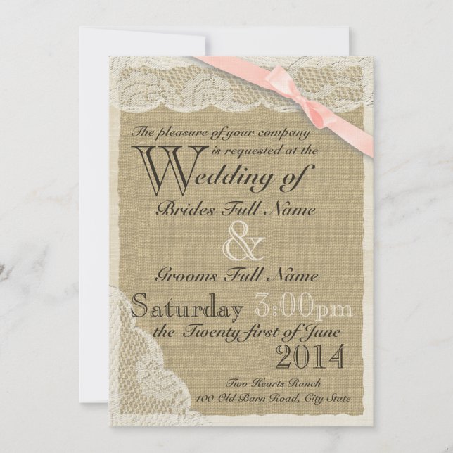 Antique Lace Blush Bow Country Wedding Invitation (Front)