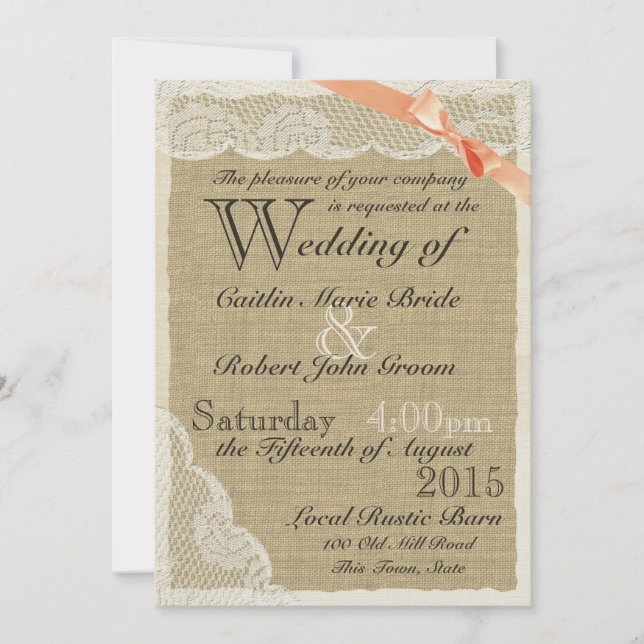 Antique Lace Coral Bow Country Wedding Invitation (Front)