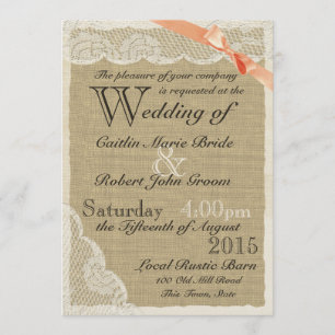 Antique Lace Coral Bow Country Wedding Invitation