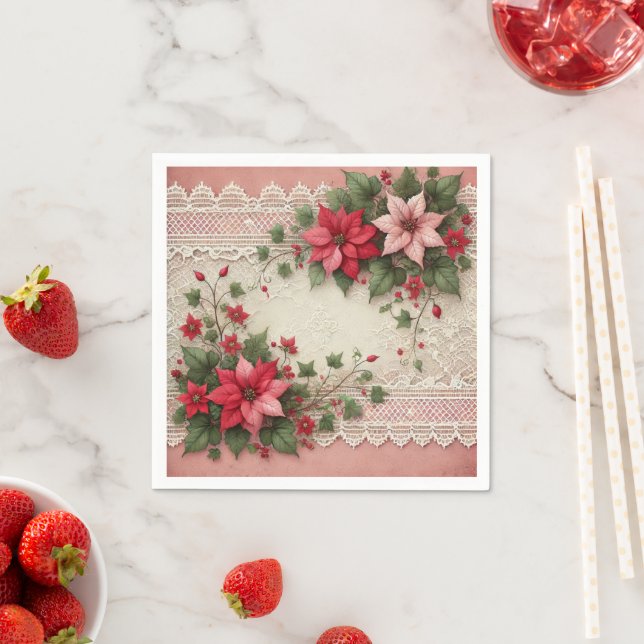 Antique Lace Floral Poinsettia Border Découpage Napkin (Insitu)