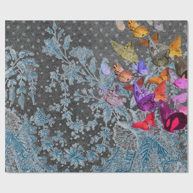 ANTIQUE LACE GIFT WRAP WITH BUTTERFLIES IN BLUE (Flat)