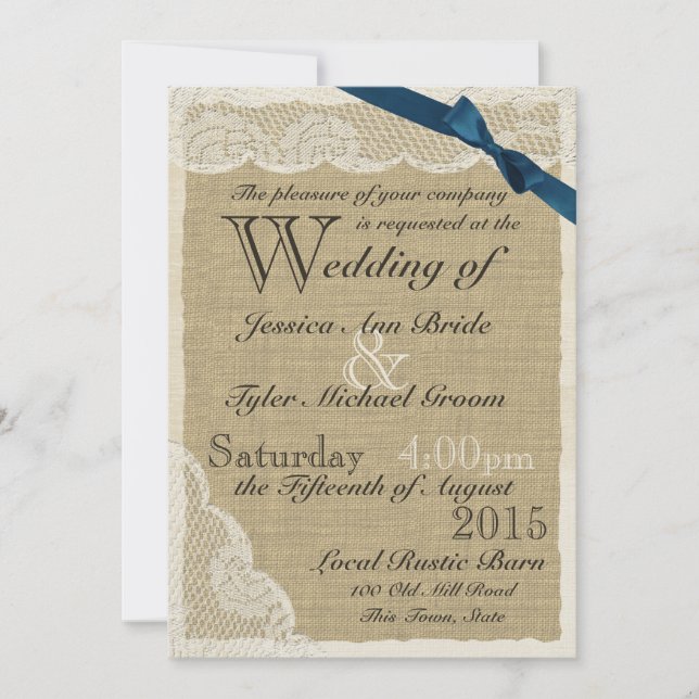 Antique Lace Navy Bow Country Wedding Invitation (Front)