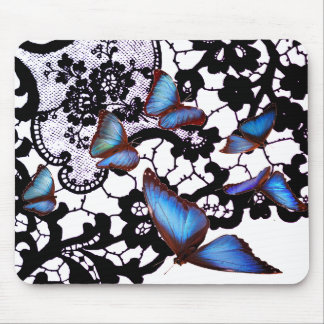 ANTIQUE LACE PATTERN BLUE BUTTERFLIES MOUSE PAD