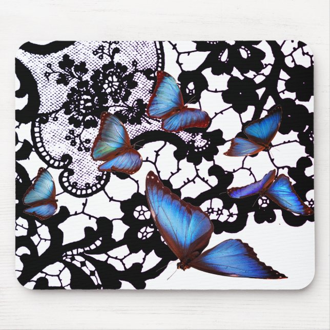 ANTIQUE LACE PATTERN BLUE BUTTERFLIES MOUSE PAD (Front)