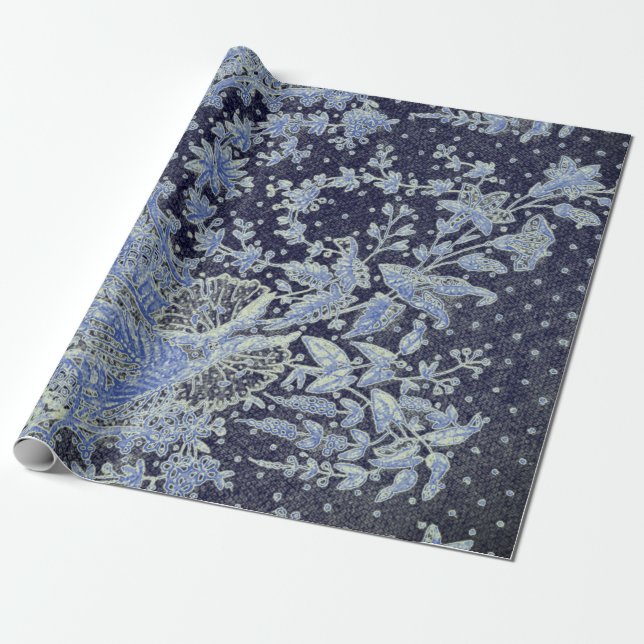 ANTIQUE LACE PATTERN GIFT WRAPPING PAPER IN BLUE (Unrolled)