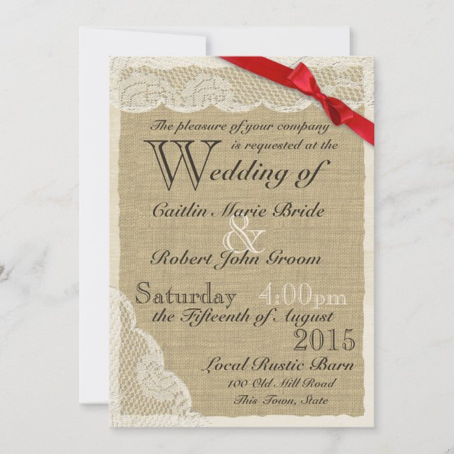 Antique Lace Red Bow Country Wedding Invitation (Front)