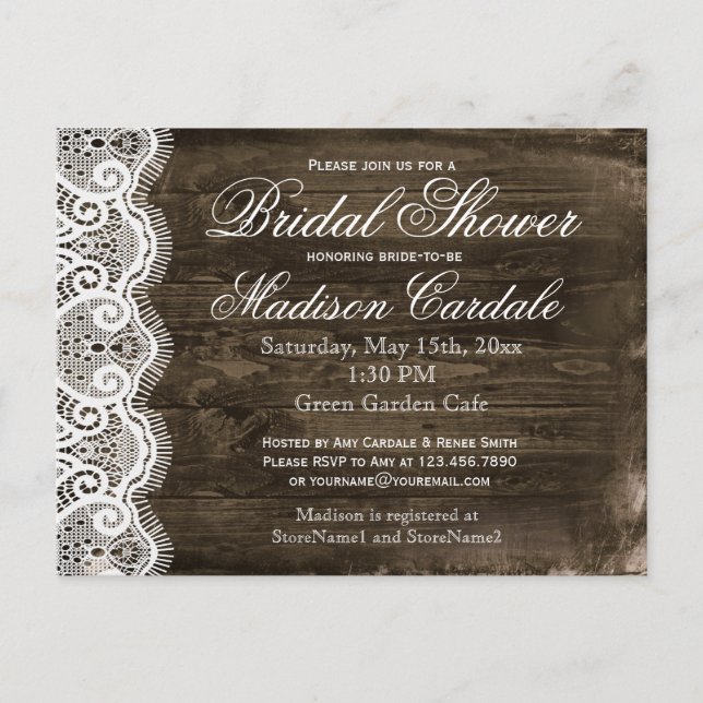 Antique Lace Rustic Bridal Shower Invite Postcards (Front)