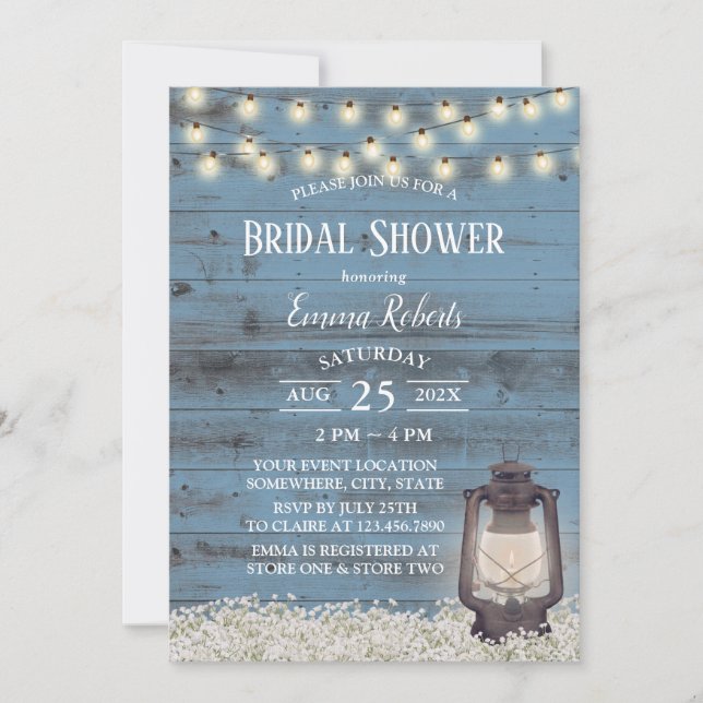 Antique Lantern Rustic Dusty Blue Bridal Shower Invitation (Front)
