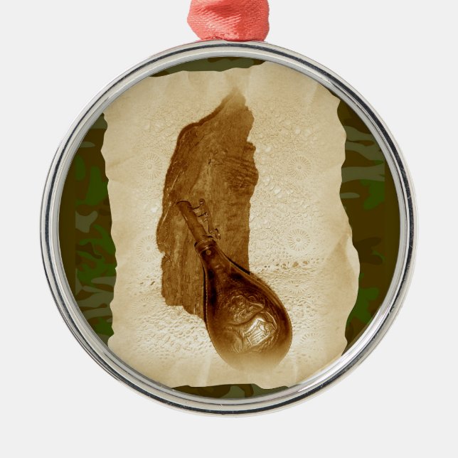 Antique Leather Powder Flask Metal Tree Decoration (Front)