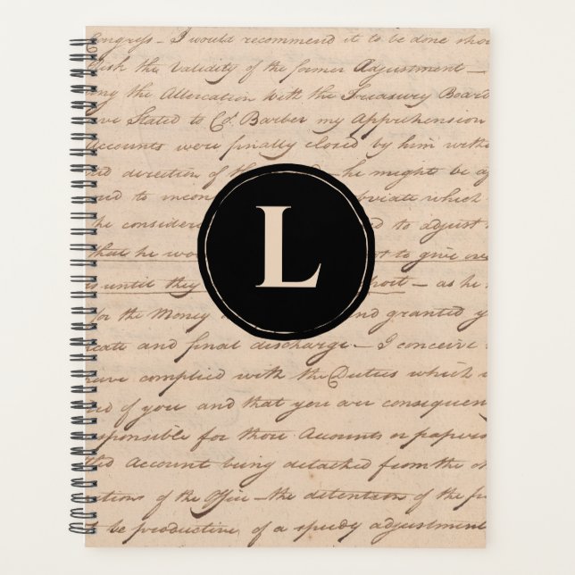 Antique Letter Paper Black Monogram Writer's Planner (Front)
