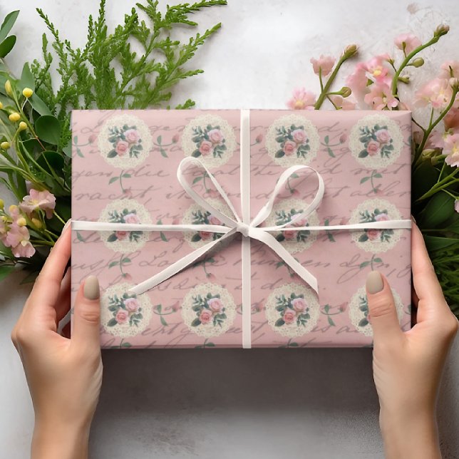 Antique Lettering Vintage Roses Lace Doilies Wrapping Paper (This paper just oozes adorable! So many occasions!)