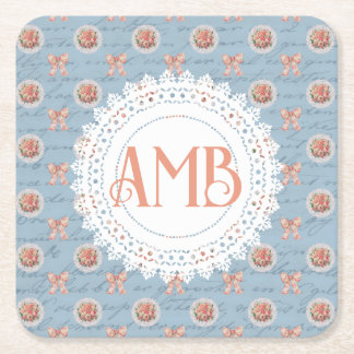 Antique Lettering Vintage Roses Personalised Square Paper Coaster