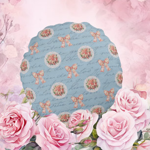 Antique Lettering Vintage Roses Toile Bows Round Cushion
