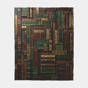 Antique Library Bookshelf Green Gold Fleece Blanket