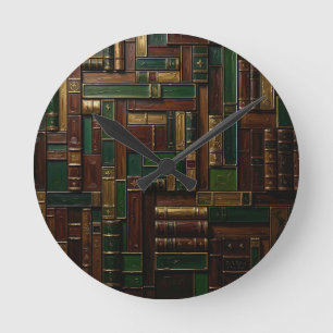 Antique Library Bookshelf Green Gold Round Clock
