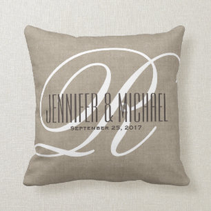 Antique Linen Look with White Monogram Cushion