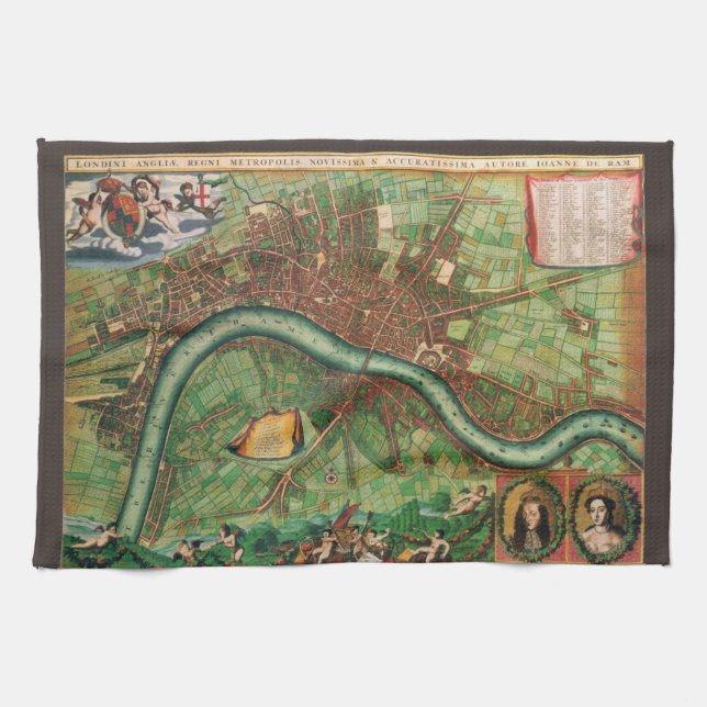 Antique London Street Map by Johannes de Ram, 1689 Tea Towel (Horizontal)