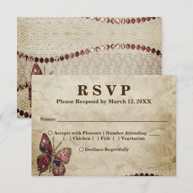 Antique Look Lace,  Beads, Butterfly RSVP Menu Invitation (Front/Back)