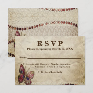 Antique Look Lace,  Beads, Butterfly RSVP Menu Invitation