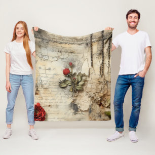 Antique Love Letter Calligraphy Floral Fleece Blanket
