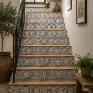 Antique Manor Vintage Blue and Sand Floral Mosaic Tile