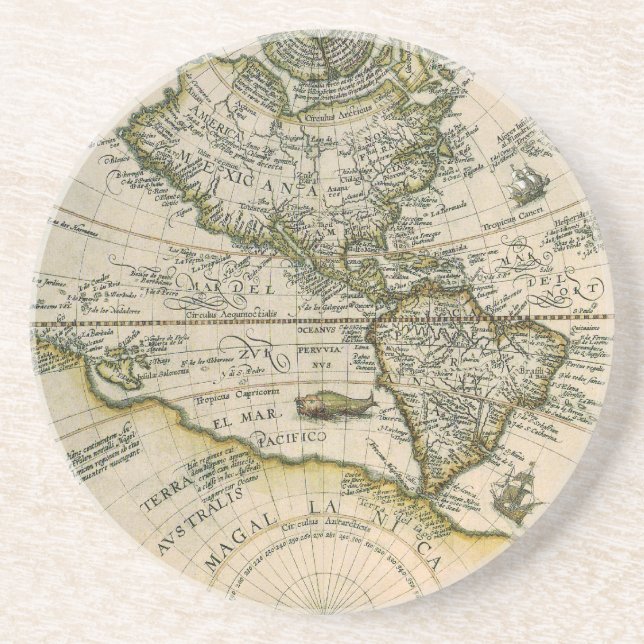Antique Map, 1596, America Sive Novus Orbis Coaster (Front)