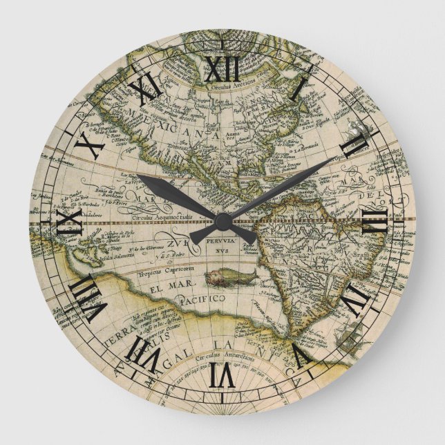 Antique Map, 1596, America Sive Novus Orbis Large Clock (Front)