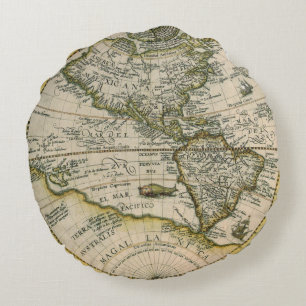 Antique Map, 1596, America Sive Novus Orbis Round Cushion