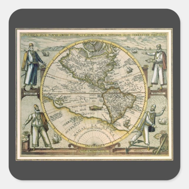 Antique Map, 1596, America Sive Novus Orbis Square Sticker (Front)